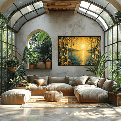 A horizontal art print in a decorative mosaic style inspired by Gustav Klimt. A large, radiant golden sun composed of shimmering circles hangs over a calm blue lake, with its light reflecting on the water's surface. The scene is framed on both sides by tall, thin birch trees decorated with stylized gold and cream flowers. Muted blue mountains are visible in the background under a sky filled with golden, dappled light patterns.