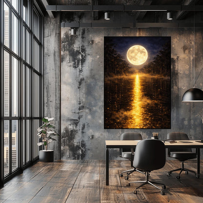 A vertical Art Nouveau-style illustration of a calm lake at night. A large, radiant golden moon is centered in the sky, reflecting a long, shimmering path of golden light vertically down the water. The shoreline is silhouetted by dark trees and a golden mist filled with fireflies.