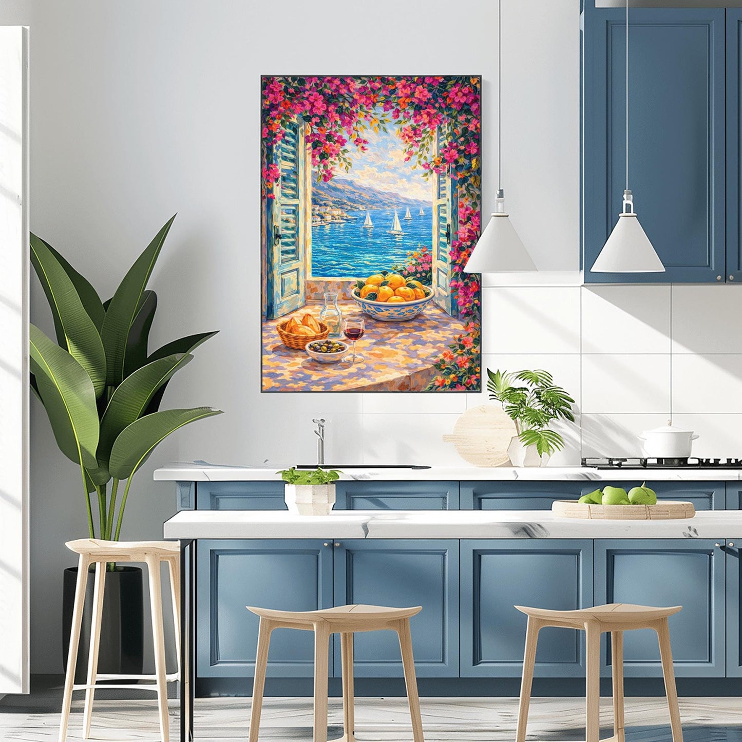 A vertical painterly illustration looking through open blue shutters at a blue sea with sailboats. Pink bougainvillea flowers frame the top and side. On the windowsill sits a glass of red wine, olives, bread, and a large bowl of oranges.