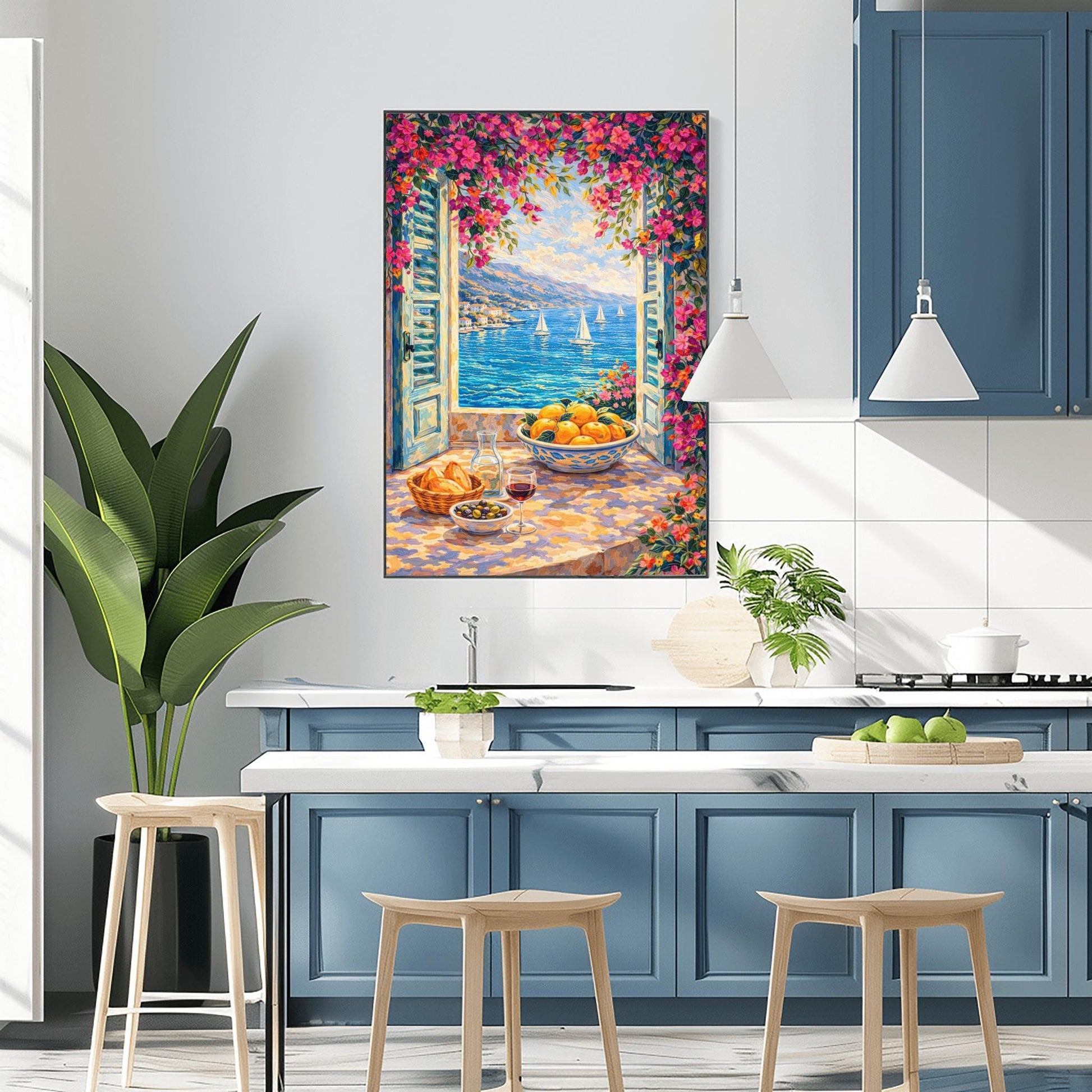 A vertical painterly illustration looking through open blue shutters at a blue sea with sailboats. Pink bougainvillea flowers frame the top and side. On the windowsill sits a glass of red wine, olives, bread, and a large bowl of oranges.