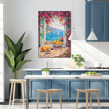 A vertical painterly illustration looking through open blue shutters at a blue sea with sailboats. Pink bougainvillea flowers frame the top and side. On the windowsill sits a glass of red wine, olives, bread, and a large bowl of oranges.