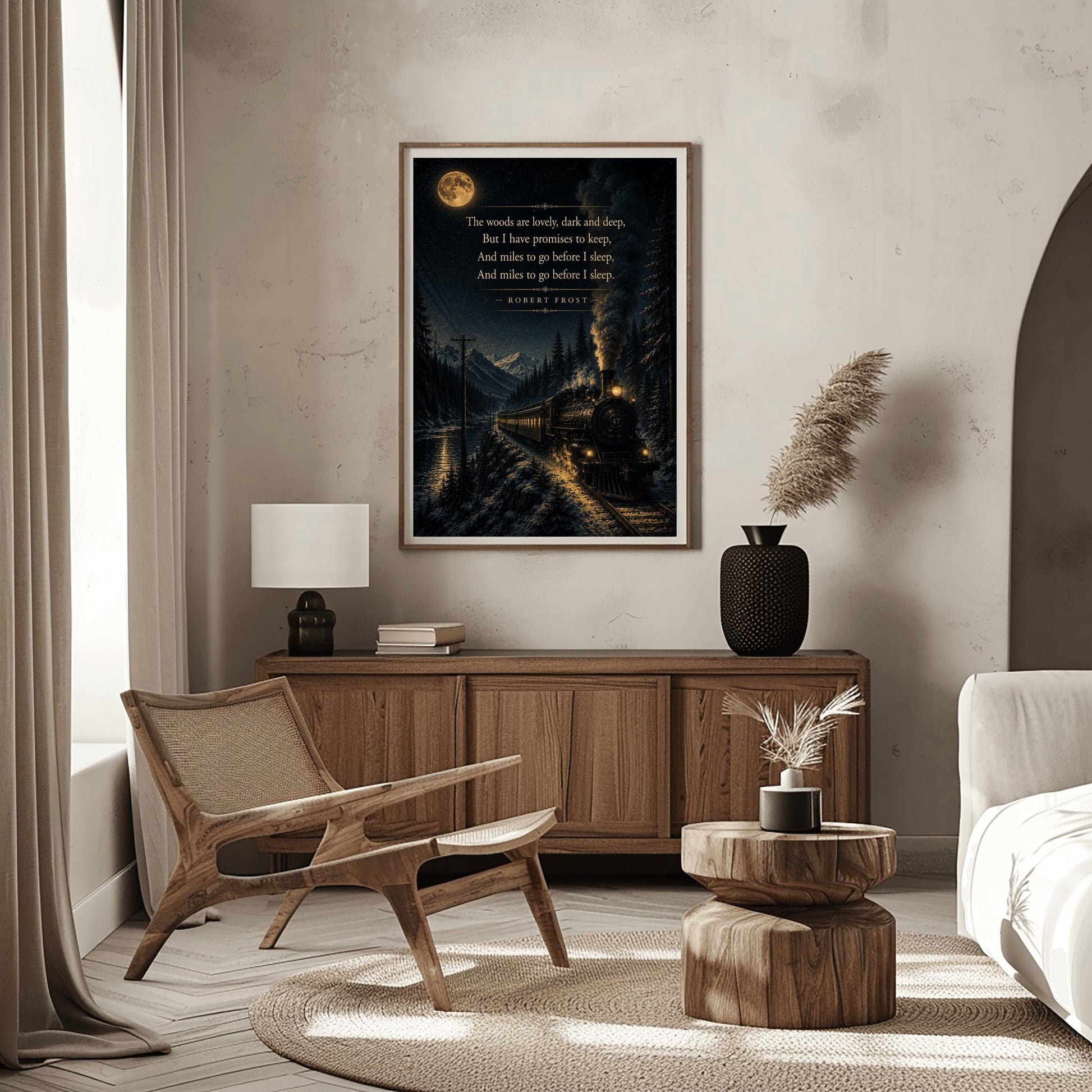 A vertical art print showing a vintage steam locomotive traveling on a snowy track at night. The train, with glowing windows and smoke billowing from its stack, moves along a lakeside beneath high mountains. A large full moon and stars light the sky, creating a reflection on the water. The final lines of Robert Frost’s "Stopping by Woods on a Snowy Evening" are printed in gold in the upper portion of the image.