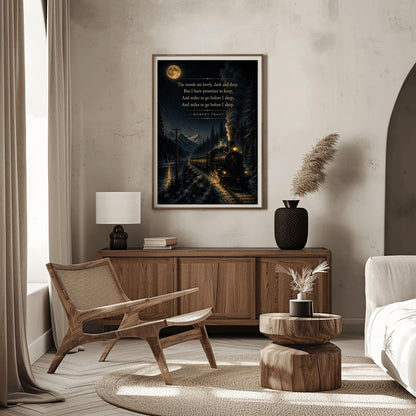 A vertical art print showing a vintage steam locomotive traveling on a snowy track at night. The train, with glowing windows and smoke billowing from its stack, moves along a lakeside beneath high mountains. A large full moon and stars light the sky, creating a reflection on the water. The final lines of Robert Frost’s "Stopping by Woods on a Snowy Evening" are printed in gold in the upper portion of the image.