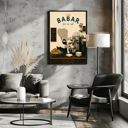 A vintage-style illustration of Babar the Elephant wearing a white shirt, black bowtie, and dark apron, working as a barista. He is operating a classic silver espresso machine in a Parisian café. The scene includes a plate of croissants, stacks of "Café de Flore" cups, and a menu board. The text at the top reads "BABAR fait du café" with a gold crown, and the bottom features "Saint-Germain-des-Prés" and the name "Laurent de Brunhoff."