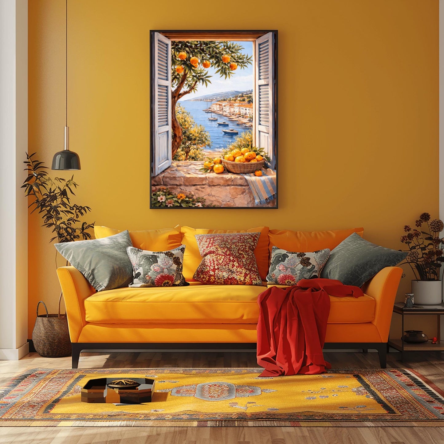 A vertical painterly illustration looking through a stone window with light blue shutters. A woven basket of oranges and a striped blue cloth sit on the ledge. Outside, an orange tree frames a view of a blue sea with boats and a sun-drenched coastal town.