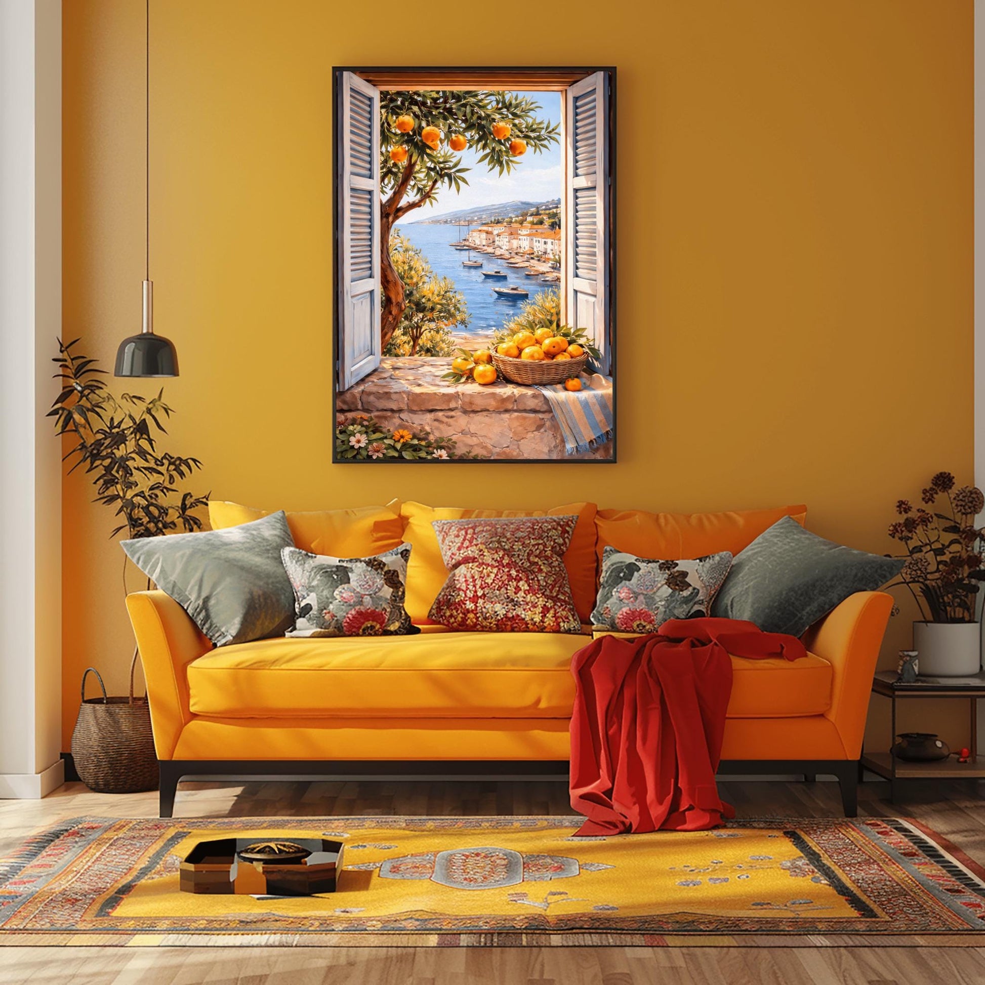 A vertical painterly illustration looking through a stone window with light blue shutters. A woven basket of oranges and a striped blue cloth sit on the ledge. Outside, an orange tree frames a view of a blue sea with boats and a sun-drenched coastal town.