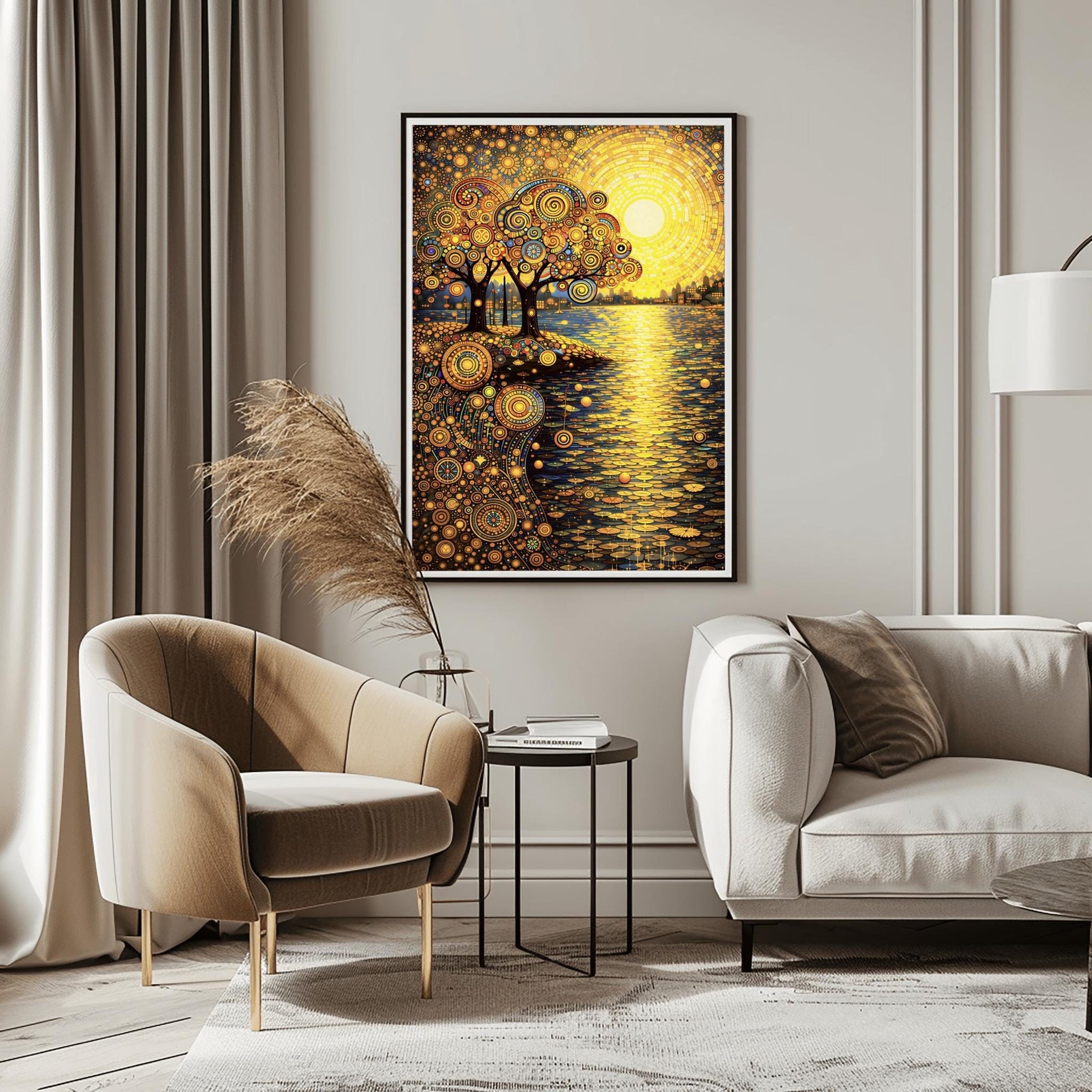 A vertical museum exhibition poster in the style of Gustav Klimt. A large, radiant yellow mosaic sun rises over a lake. On the left shore, two trees with ornate spiral-patterned leaves stand. The ground and sky are filled with dense golden mosaic circles and patterns. Bold black text at the bottom reads "GUSTAV KLIMT" and "AUSTRIA."