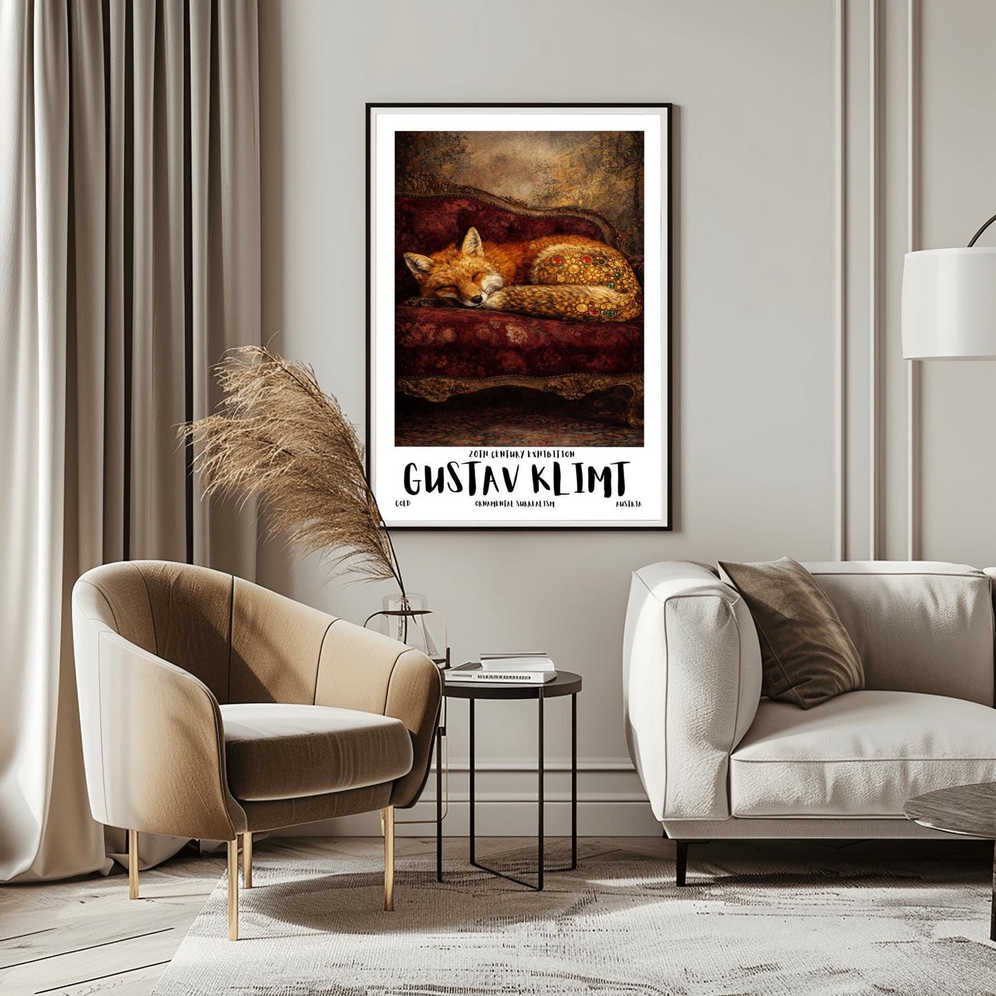 A vertical exhibition poster for Gustav Klimt featuring a red fox sleeping on a dark crimson velvet antique sofa. The fox's haunches are covered in golden mosaic flowers and jewels. Bold text at the bottom reads "GUSTAV KLIMT" and "Ornamental Surrealism."