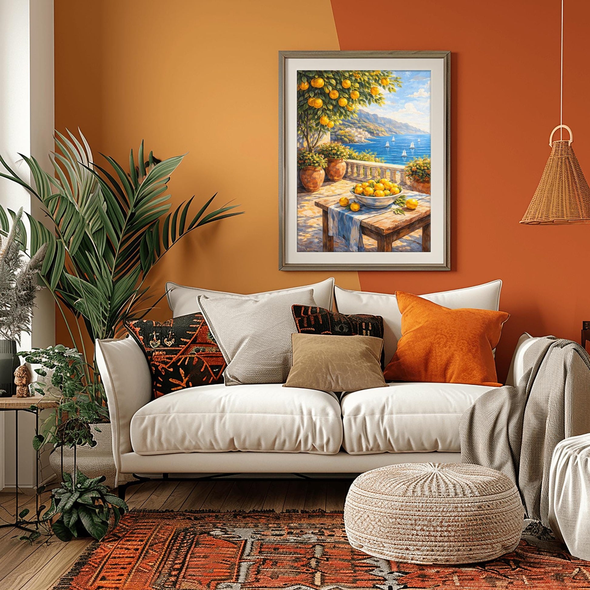 A vertical painterly illustration of a stone terrace overlooking a blue sea with sailboats. In the foreground, a wooden table holds a bowl of oranges and lemons. A citrus tree and flower-filled terracotta pots frame the view. Distant white-washed buildings sit on a coastline under a blue sky.