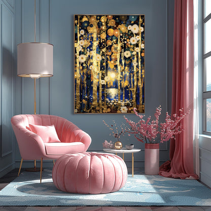 A vertical fine art print in the style of Gustav Klimt. Slender, textured gold leaf tree trunks stand against a dark midnight blue background. The sky and ground are filled with glowing white and gold circular flower patterns. In the center, a distant moon reflects in a small pool of water.