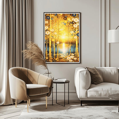 A vertical fine art landscape in the style of Gustav Klimt. Slender birch trees with textured gold leaf bark stand in the foreground. A brilliant sun sets over a calm blue lake in the background, creating a glowing reflection. The scene is decorated with stylized white daisies and blue circular floral motifs in an ornamental, symbolic style.