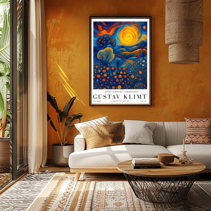 A vertical museum exhibition poster in the style of Gustav Klimt. A large, swirling golden sun sits in a sky of orange and blue clouds over rolling blue hills. The foreground is a meadow of orange circular flowers. Below the image, bold black text reads "GUSTAV KLIMT" and "BLUE FIELDS" on a white border.