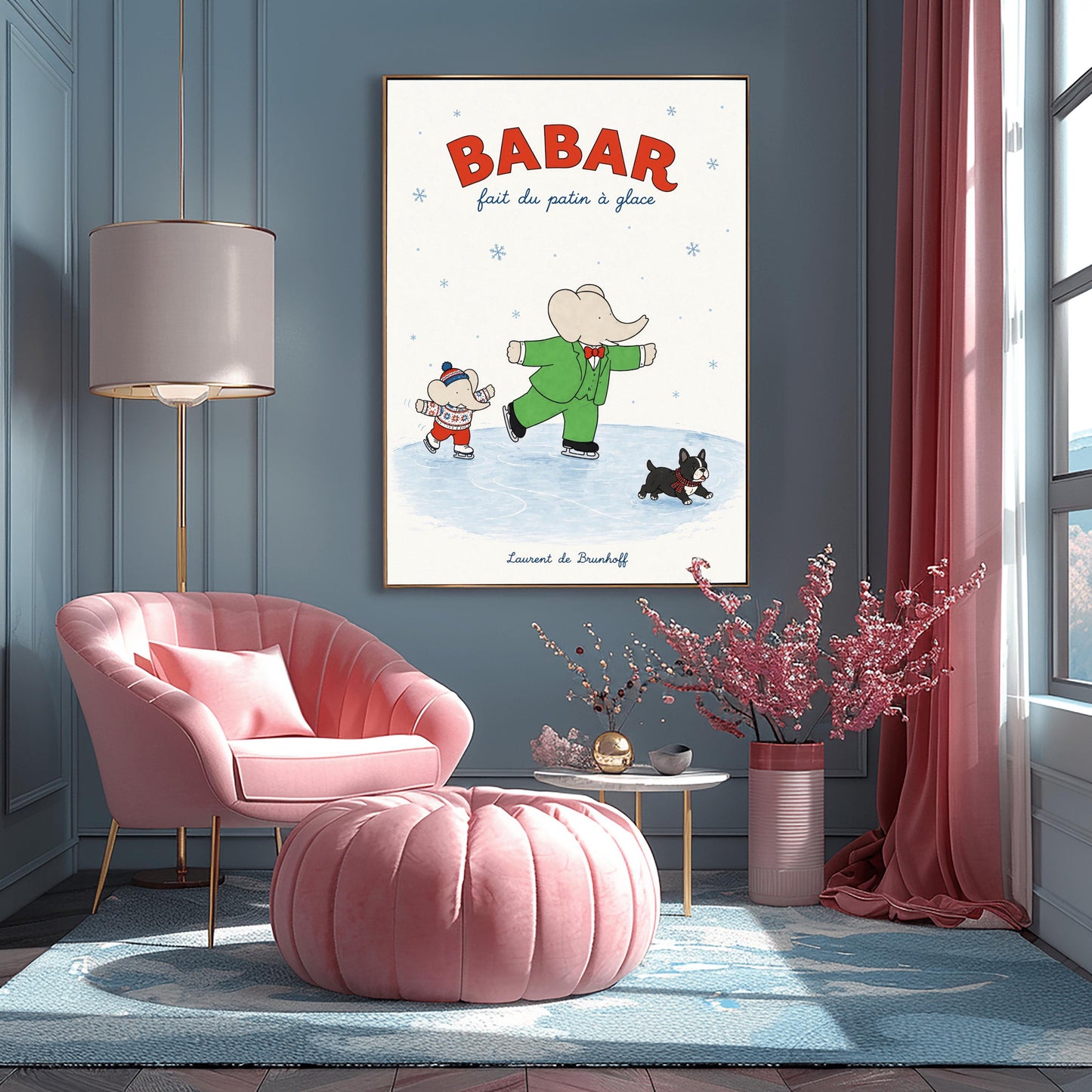 A vertical retro fine art exhibition poster titled "BABAR fait du patin à glace" on a wide cream border. The top "BABAR" text is printed in a bold red font. The illustration shows an elephant in a green suit and red bowtie ice skating on one leg next to a smaller elephant in a fair isle sweater and red pants. A small black dog in a plaid scarf slides on the ice below, and the name "Laurent de Brunhoff" anchors the bottom.