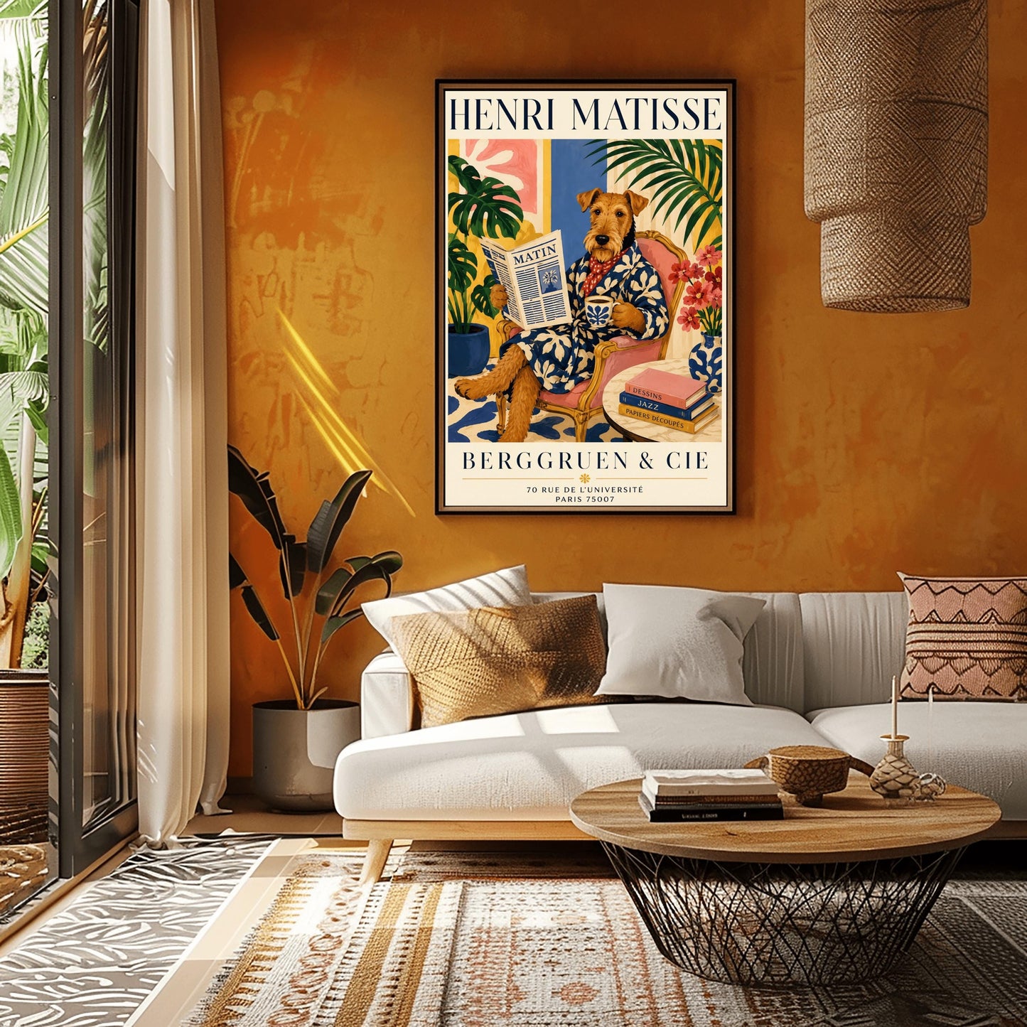 A vertical gallery exhibition poster with bold navy text reading "HENRI MATISSE" at the top and "BERGGRUEN & CIE" at the bottom. The illustration shows a brown scruffy terrier dog sitting like a human in a pink armchair with wooden frame, crossing its legs. The dog wears a navy blue robe with a white leaf pattern and a red and white polka dot scarf. It holds a coffee mug in one paw and a newspaper titled "MATIN" in the other.