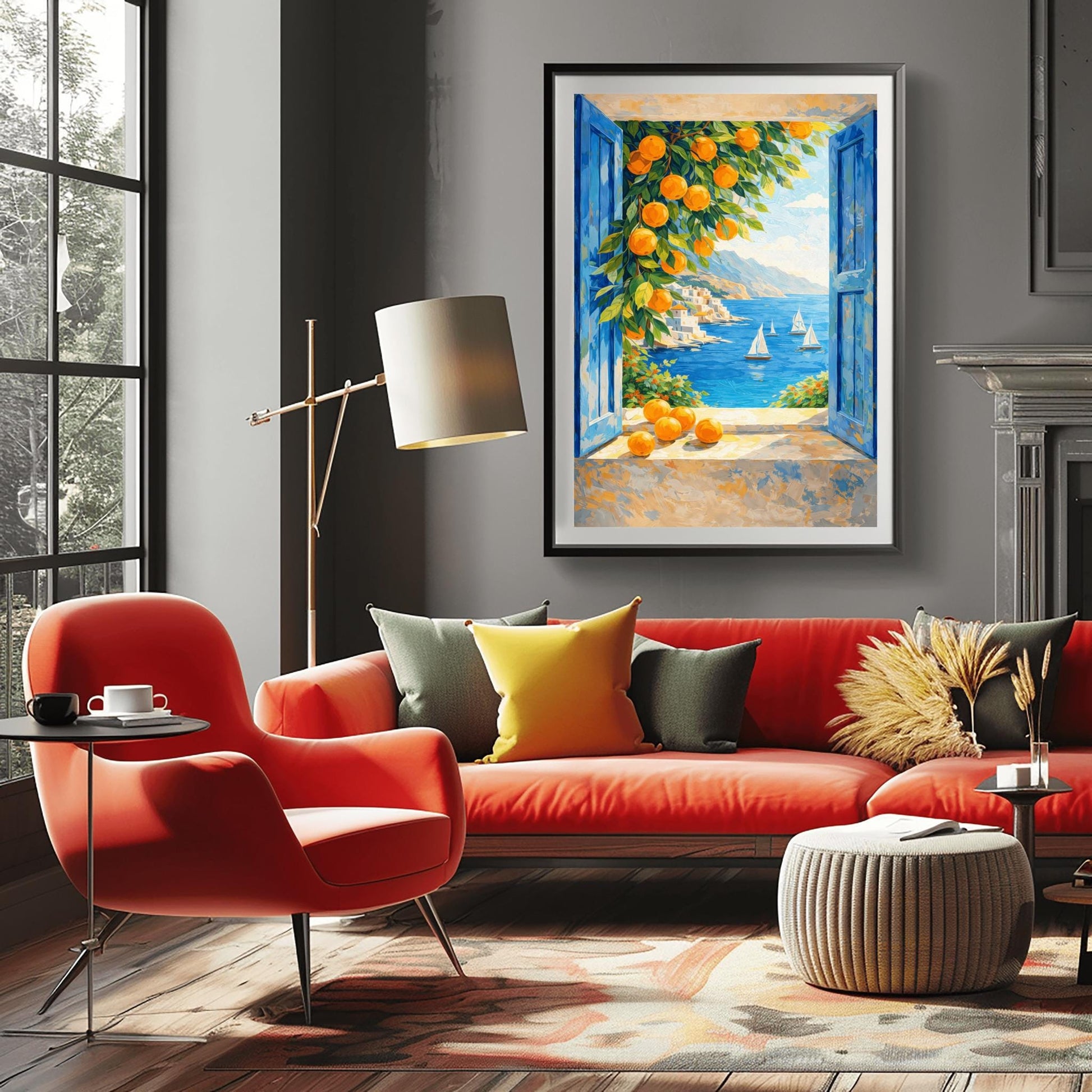 A vertical painterly illustration of a view through an open window with blue shutters. A branch with many bright oranges hangs in the top left. Outside, white sailboats float on a deep blue sea next to a white hillside village and mountains.