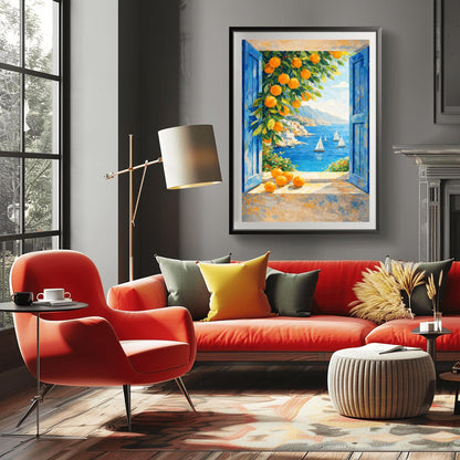 A vertical painterly illustration of a view through an open window with blue shutters. A branch with many bright oranges hangs in the top left. Outside, white sailboats float on a deep blue sea next to a white hillside village and mountains.