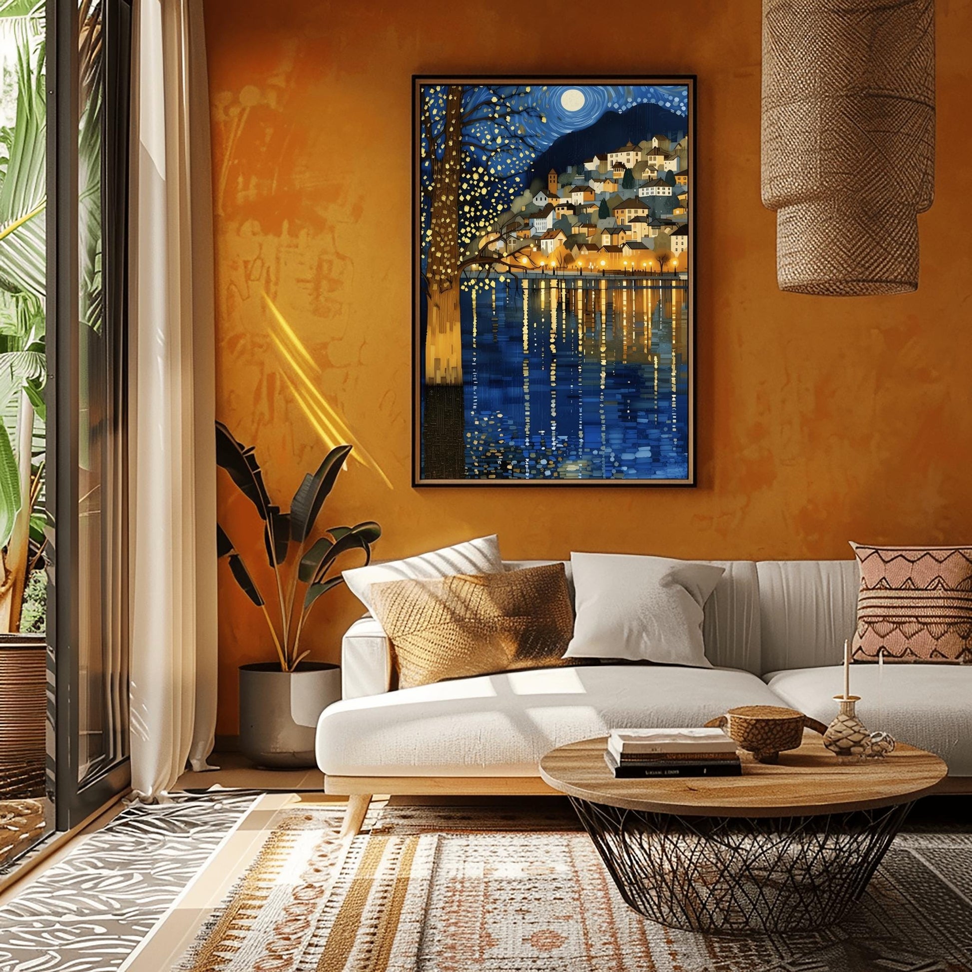 A vertical fine art painting in the style of Gustav Klimt. A coastal village with warm-lit houses is nestled on a hillside at night. A large, shimmering tree with gold-textured bark stands in the left foreground. Above, a full moon sits within a swirling blue sky of mosaic stars. The water in the foreground features long, vertical golden reflections of the village lights.