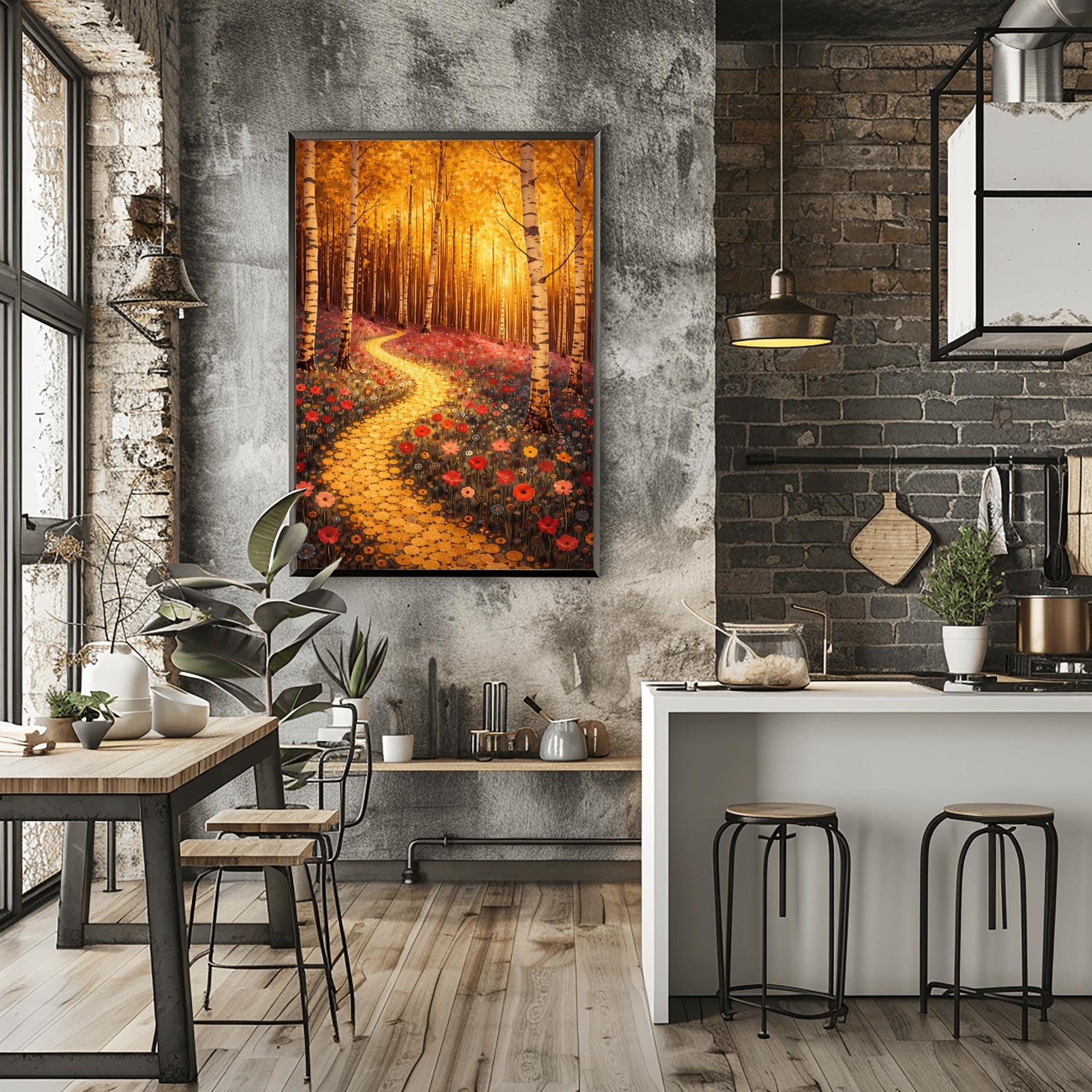A vertical fine art landscape in the style of Gustav Klimt. Slender birch trees with white and black bark stand in a forest with glowing golden leaves. A winding path made of golden mosaic circles leads through a meadow of red and pink poppies toward a sun-drenched, ethereal background.
