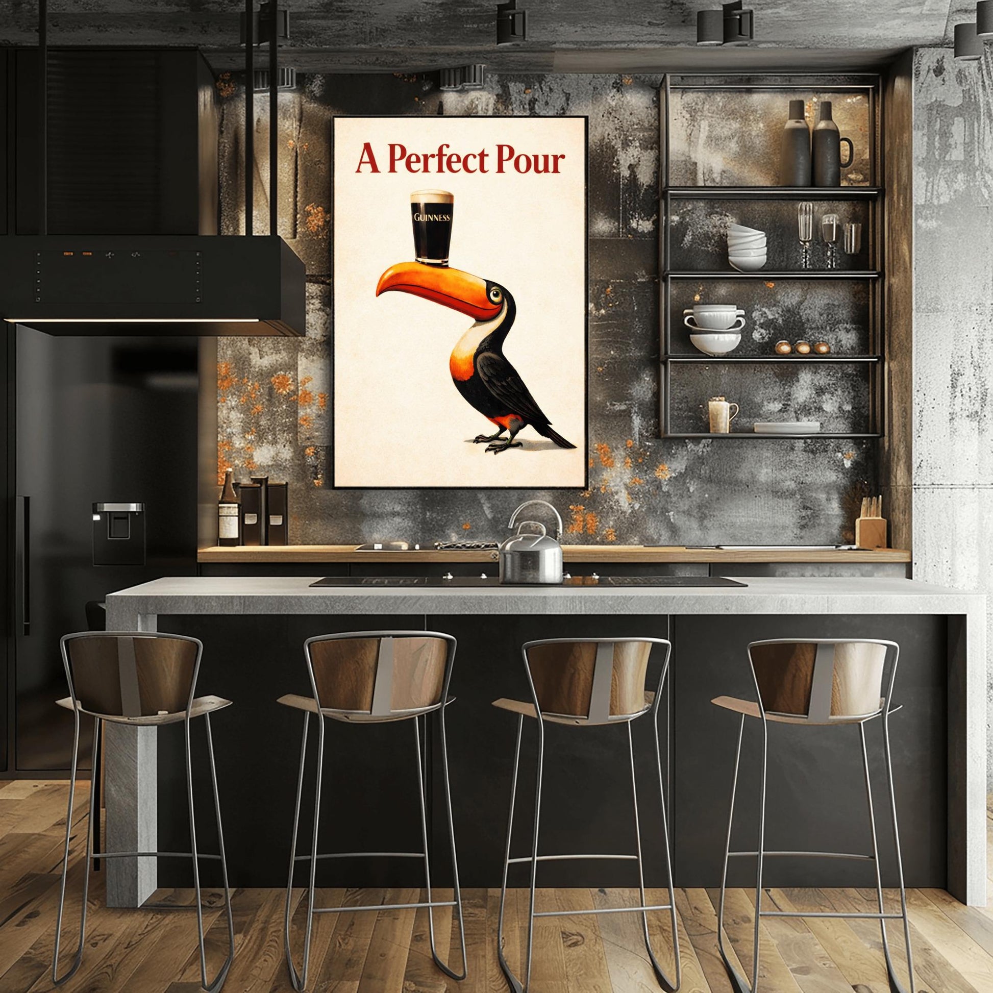 A vertical minimalist vintage-style poster. A colorful toucan with a bright orange beak balances a single pint of dark Guinness beer on its bill. The background is a clean, textured cream color. Bold red text at the top reads "A Perfect Pour."