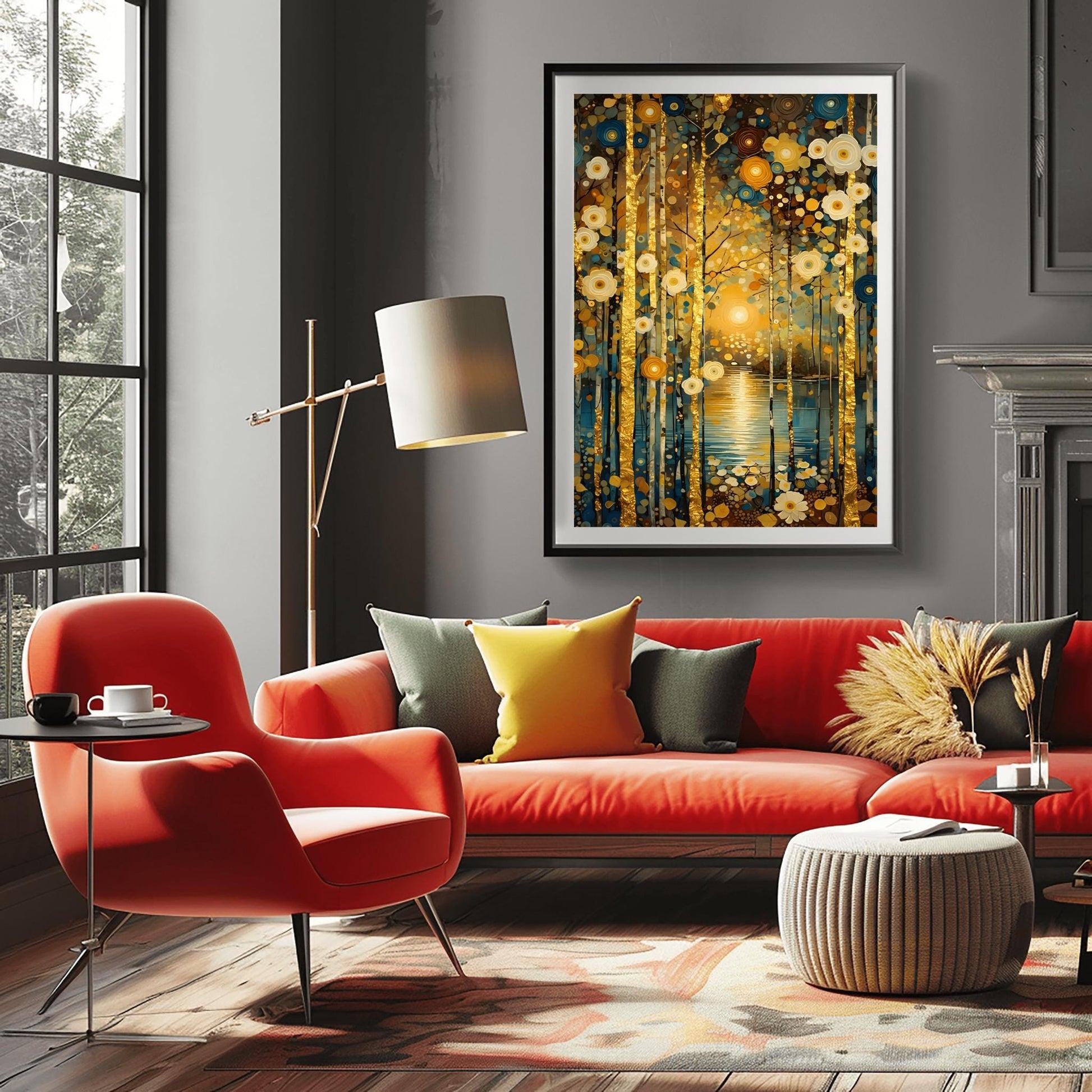 A vertical, highly detailed oil painting in the style of Gustav Klimt. A forest of slender birch trees with textured gold-leaf bark stands before a calm blue lake. A bright, glowing sun is centered in the background, reflecting a shimmering golden path on the water. The scene is filled with stylized, circular flowers in cream, gold, and deep blue. The overall style is rich in mosaic-like textures and opulent gold accents.