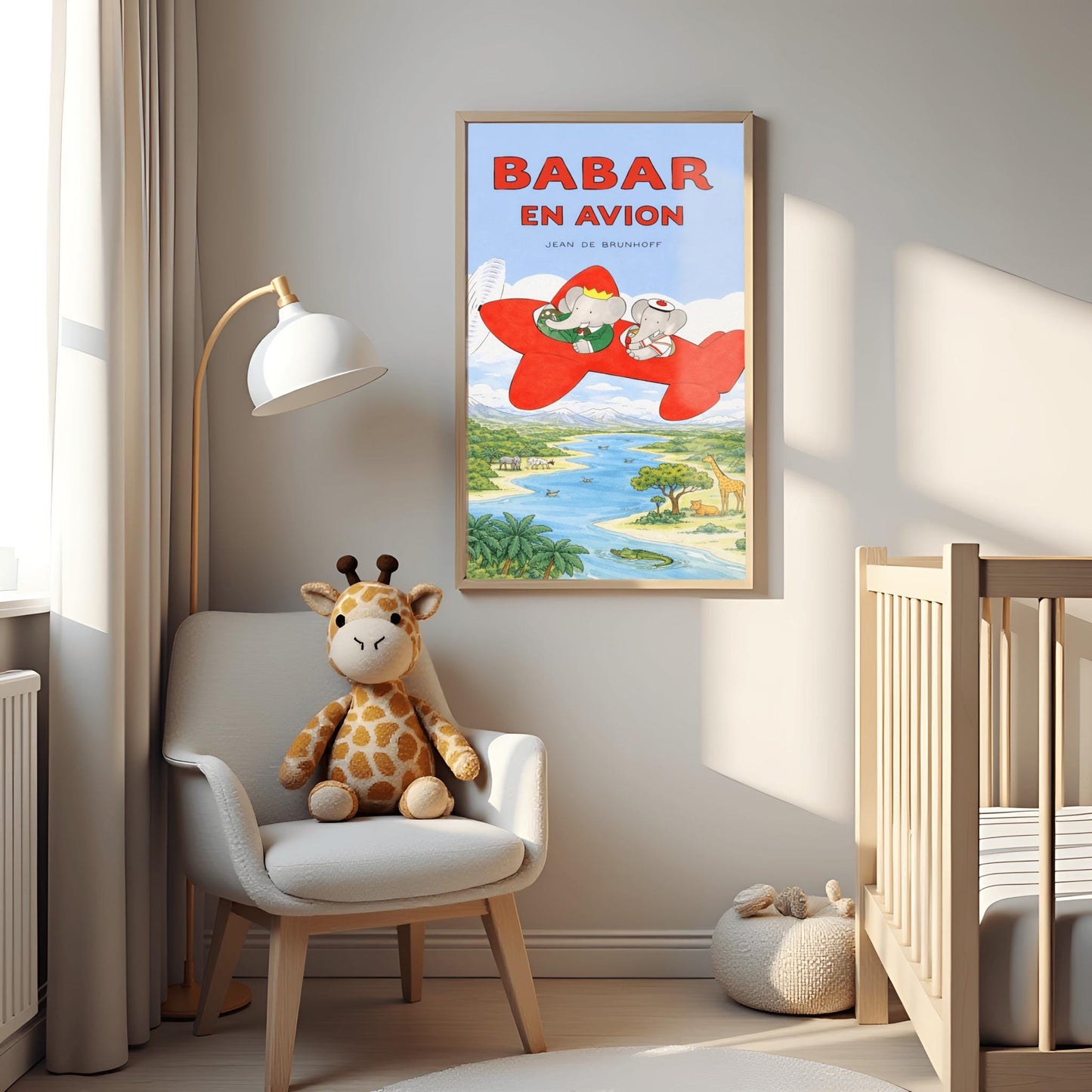 A vertical children's illustration poster titled "BABAR EN AVION" in large red letters. At the center is a bright red propeller plane flying through a blue sky with white clouds. King Babar, in a green suit and crown, and Queen Celeste, in a white sailor-style hat, are sitting in the cockpits. Below them is a winding blue river and a green savanna with a giraffe, a lion, a hippopotamus, and palm trees. The name "Jean de Brunhoff" is at the top.