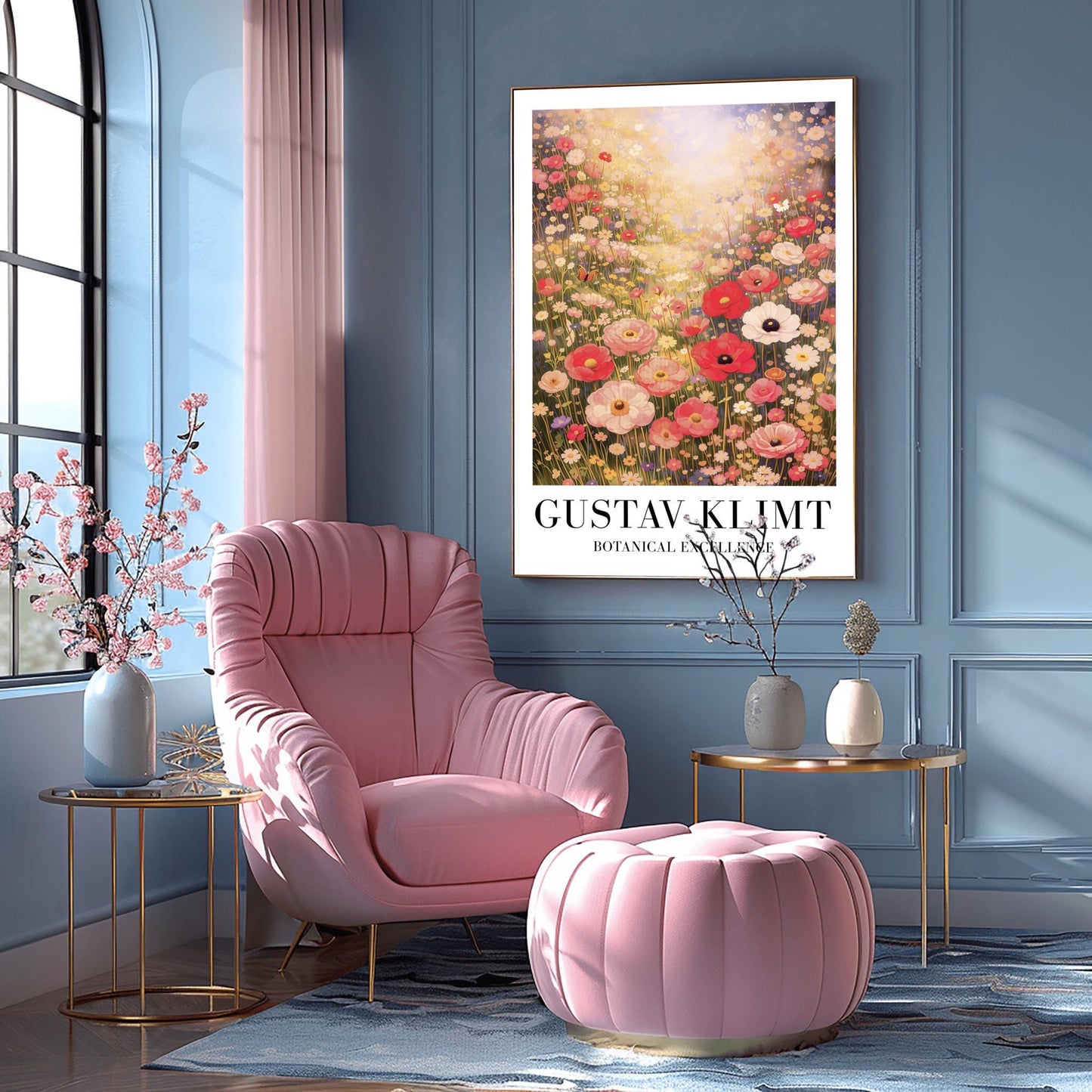 A vertical museum exhibition poster in the style of Gustav Klimt. A vast meadow of pink, red, and white wildflowers is bathed in bright, hazy sunlight from above. Large poppies are in the foreground, with a small butterfly on the left. Below the image, bold black text reads "GUSTAV KLIMT" and "BOTANICAL EXCELLENCE" on a white border.