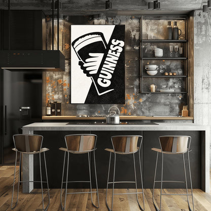 A vertical minimalist graphic divided diagonally into cream and black sections. A white hand holds a pint of Guinness against the black side. The word "GUINNESS" is written vertically in bold white text along the diagonal split.