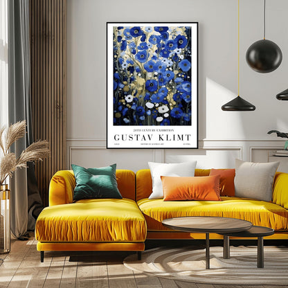 A vertical, highly detailed oil painting in the style of Gustav Klimt. The image is filled with a dense field of blue poppies in shades of cobalt, navy, and light blue. The flowers have dark centers and are surrounded by abstract cream and amber foliage. The brushwork is thick and textured, giving the appearance of a rich mosaic tapestry of flowers.