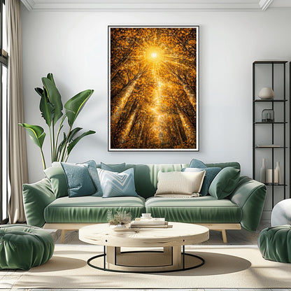 A vertical full-bleed illustration looking up from the forest floor toward a bright, geometric sun. Towering trees with golden mosaic bark frame a canopy of shimmering leaves. A large sunburst made of concentric golden dots and rays sits at the center against an amber sky.