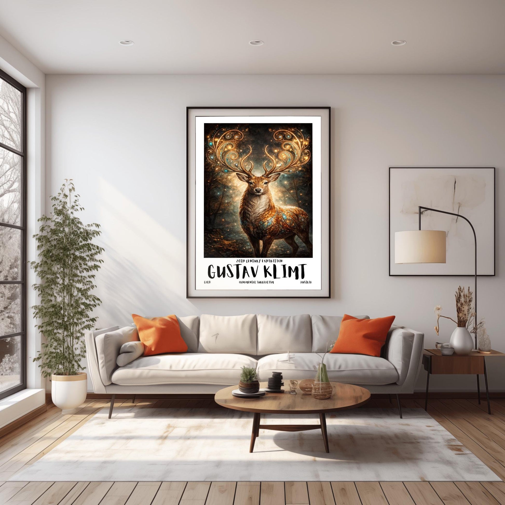 A vertical full-bleed illustration of a stag in the style of Gustav Klimt. The stag has massive, swirling golden antlers decorated with glowing gems. Its body is a mosaic of gold and turquoise. It stands in a misty, dark forest filled with golden sparks and floating embers.