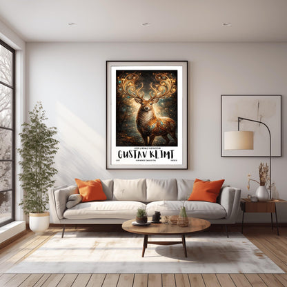 A vertical full-bleed illustration of a stag in the style of Gustav Klimt. The stag has massive, swirling golden antlers decorated with glowing gems. Its body is a mosaic of gold and turquoise. It stands in a misty, dark forest filled with golden sparks and floating embers.