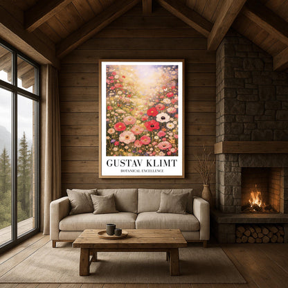 A vertical museum exhibition poster in the style of Gustav Klimt. A vast meadow of pink, red, and white wildflowers is bathed in bright, hazy sunlight from above. Large poppies are in the foreground, with a small butterfly on the left. Below the image, bold black text reads "GUSTAV KLIMT" and "BOTANICAL EXCELLENCE" on a white border.
