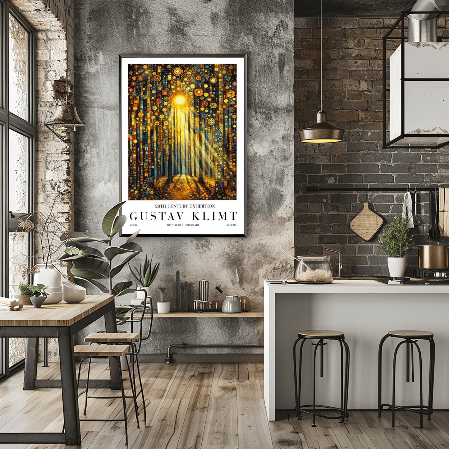 A vertical museum exhibition poster in the style of Gustav Klimt. Dark, slender tree trunks stand in a forest where the sky and ground are made of dense gold and blue mosaic circles. A bright sun in the upper center casts long, sharp pillars of light down to the forest floor. Bold black text at the bottom reads "GUSTAV KLIMT" and "HISTORY OF AUSTRIAN ART."