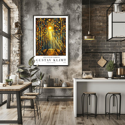 A vertical museum exhibition poster in the style of Gustav Klimt. Dark, slender tree trunks stand in a forest where the sky and ground are made of dense gold and blue mosaic circles. A bright sun in the upper center casts long, sharp pillars of light down to the forest floor. Bold black text at the bottom reads "GUSTAV KLIMT" and "HISTORY OF AUSTRIAN ART."