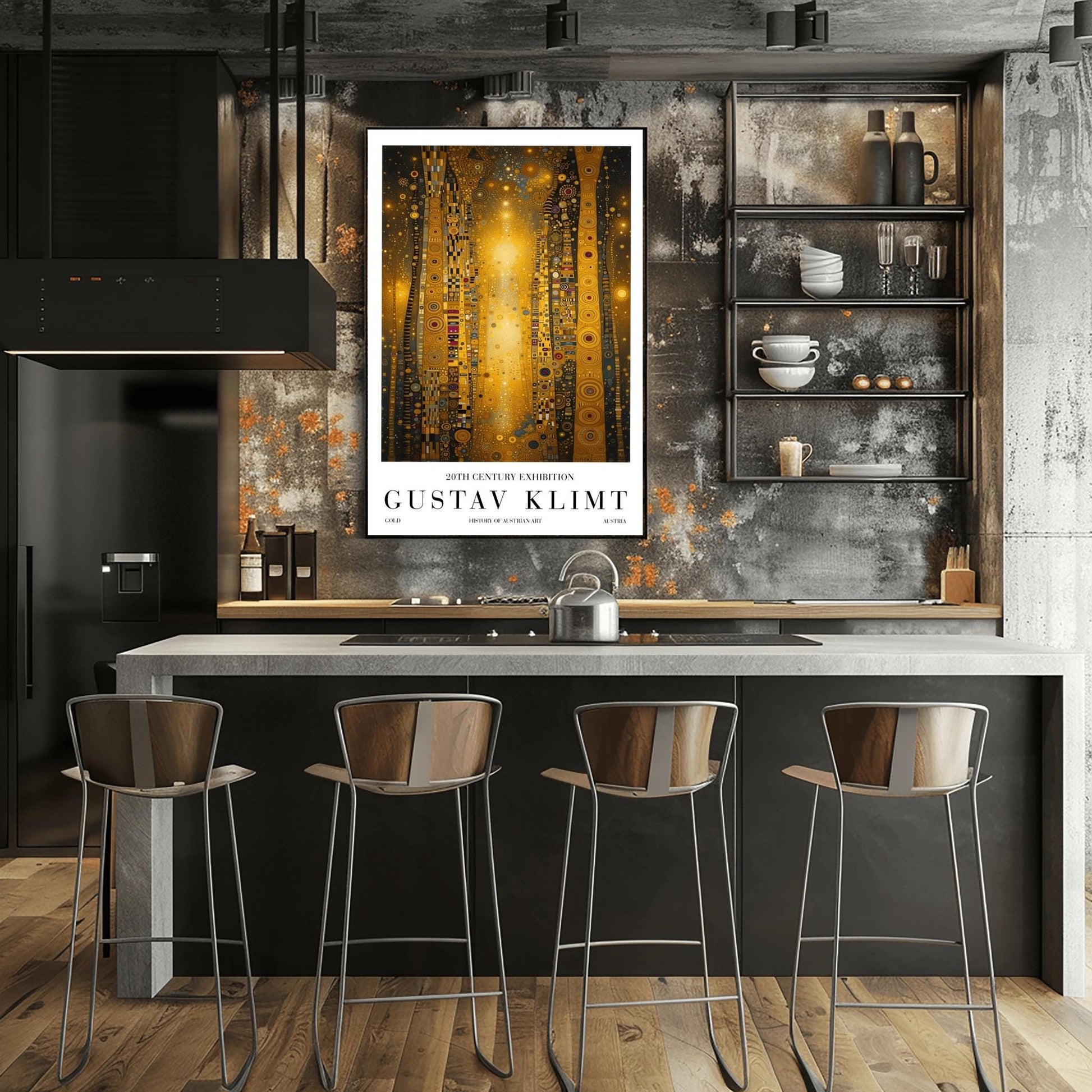 A vertical abstract painting in the style of Gustav Klimt. Several tall, narrow pillars filled with gold leaf textures and geometric patterns (circles, spirals, and squares) rise against a dark background filled with golden stardust. A central column of bright, shimmering light anchors the composition. The colors include brilliant gold, ochre, black, and touches of deep red and blue.