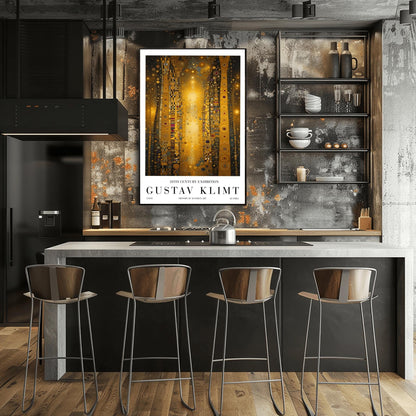 A vertical abstract painting in the style of Gustav Klimt. Several tall, narrow pillars filled with gold leaf textures and geometric patterns (circles, spirals, and squares) rise against a dark background filled with golden stardust. A central column of bright, shimmering light anchors the composition. The colors include brilliant gold, ochre, black, and touches of deep red and blue.