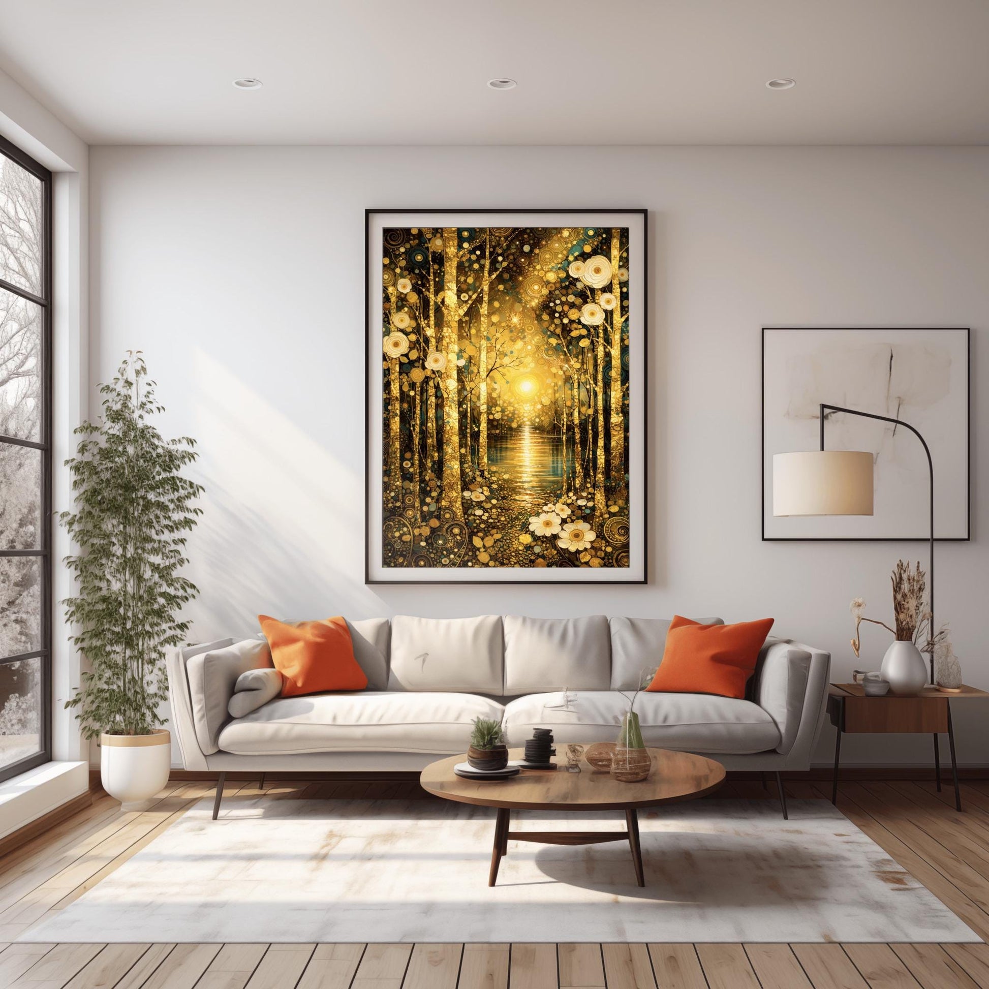A vertical fine art landscape in the style of Gustav Klimt. Slender, textured golden birch trees stand in the foreground on a forest floor covered in white circular flowers. In the background, a brilliant golden sun reflects over a calm lake, surrounded by an atmosphere of golden spirals and shimmering mosaic patterns.