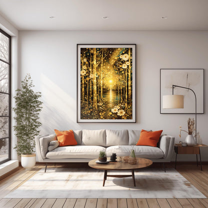 A vertical fine art landscape in the style of Gustav Klimt. Slender, textured golden birch trees stand in the foreground on a forest floor covered in white circular flowers. In the background, a brilliant golden sun reflects over a calm lake, surrounded by an atmosphere of golden spirals and shimmering mosaic patterns.