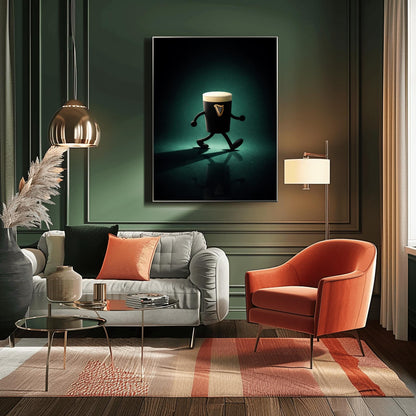A vertical cinematic illustration of a 3D Guinness pint character with cartoon arms and legs. It is walking across a dark, reflective floor under a moody emerald-green spotlight. The pint features a crisp white foam head and a golden harp logo.