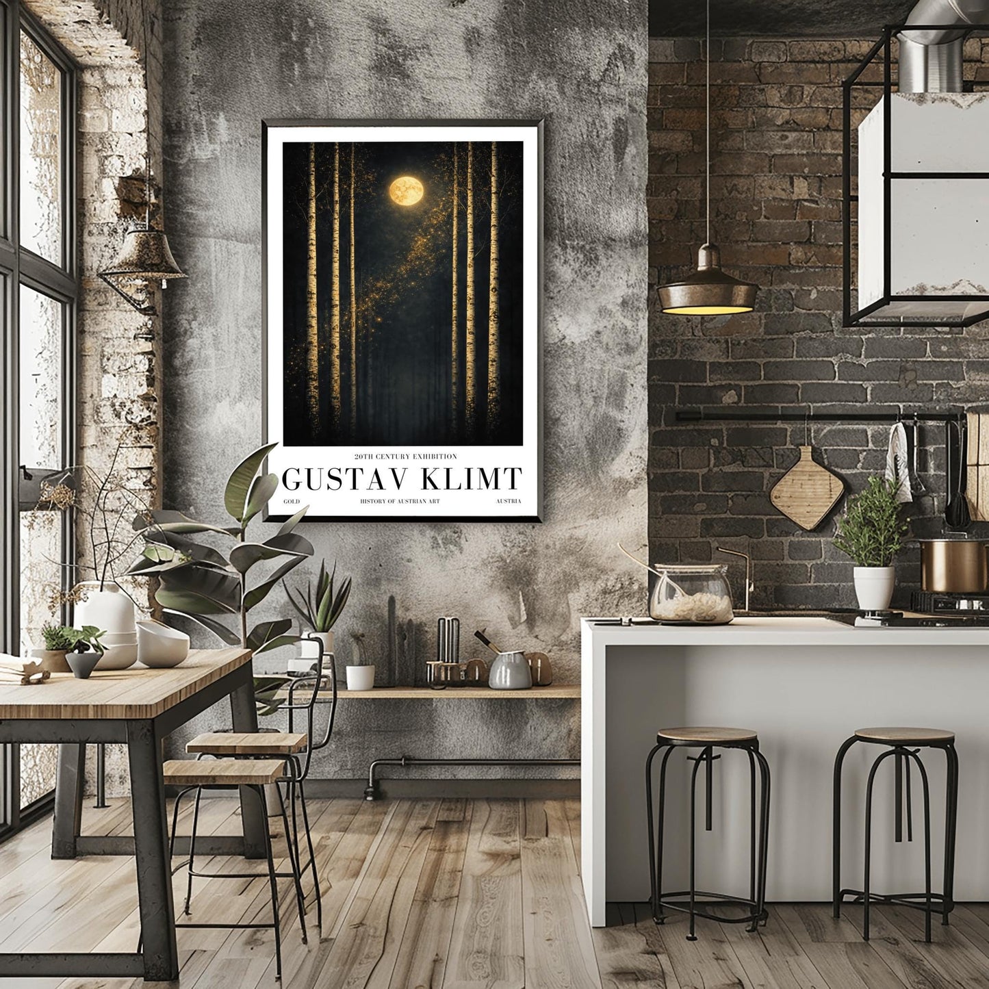 A vertical museum exhibition poster featuring six slender birch trees against a dark sky. A golden moon and a diagonal trail of stardust are centered at the top. Below the art, the text reads "20th Century Exhibition," "GUSTAV KLIMT," and "History of Austrian Art" in black serif font.