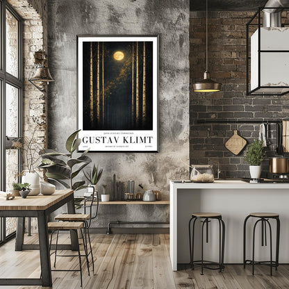 A vertical museum exhibition poster featuring six slender birch trees against a dark sky. A golden moon and a diagonal trail of stardust are centered at the top. Below the art, the text reads "20th Century Exhibition," "GUSTAV KLIMT," and "History of Austrian Art" in black serif font.