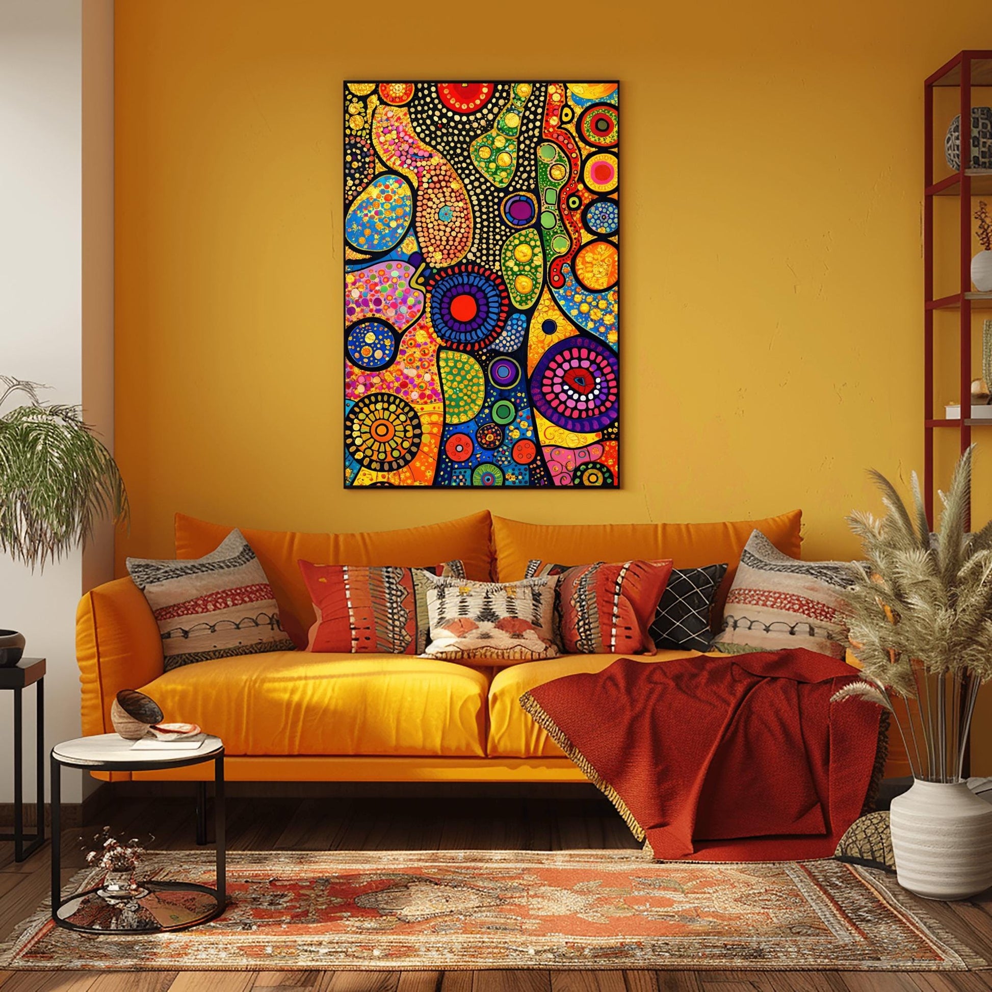A vertical fine art print in the style of Gustav Klimt. An abstract composition of organic, flowing shapes filled with colorful dots, circles, and geometric patterns in red, blue, green, and orange. Shimmering gold leaf textures and "pebbled" patterns are interspersed throughout, set against a dark, structured background.