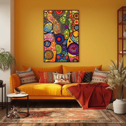 A vertical fine art print in the style of Gustav Klimt. An abstract composition of organic, flowing shapes filled with colorful dots, circles, and geometric patterns in red, blue, green, and orange. Shimmering gold leaf textures and "pebbled" patterns are interspersed throughout, set against a dark, structured background.