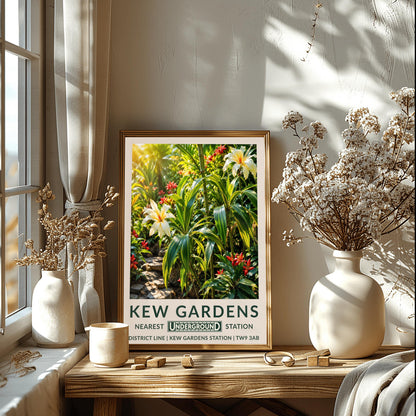 A vertical retro London Underground travel poster for Kew Gardens on a wide cream border. The top image shows a lush, sun-drenched illustration of a tropical jungle interior. In the foreground are large variegated green-and-yellow striped leaves and green bamboo stalks, accented by two large, cream-colored lilies with yellow and orange centers. Small, pointed crimson red flowers are scattered throughout the dense greenery, and a stepping-stone path is visible on the lower left.