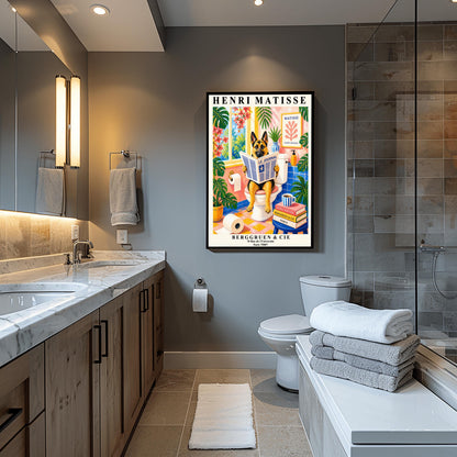 A vertical maximalist art print designed as a Henri Matisse exhibition poster. A tan and black German Shepherd is sitting upright on a white toilet, holding and reading a newspaper titled "Le Journal." The bathroom is vibrantly colored with pink walls, blue wall tiles, and a pink and yellow checkered floor. The room is filled with large green tropical plants and red flowers. A stack of art books and a striped mug sit on a blue stool.