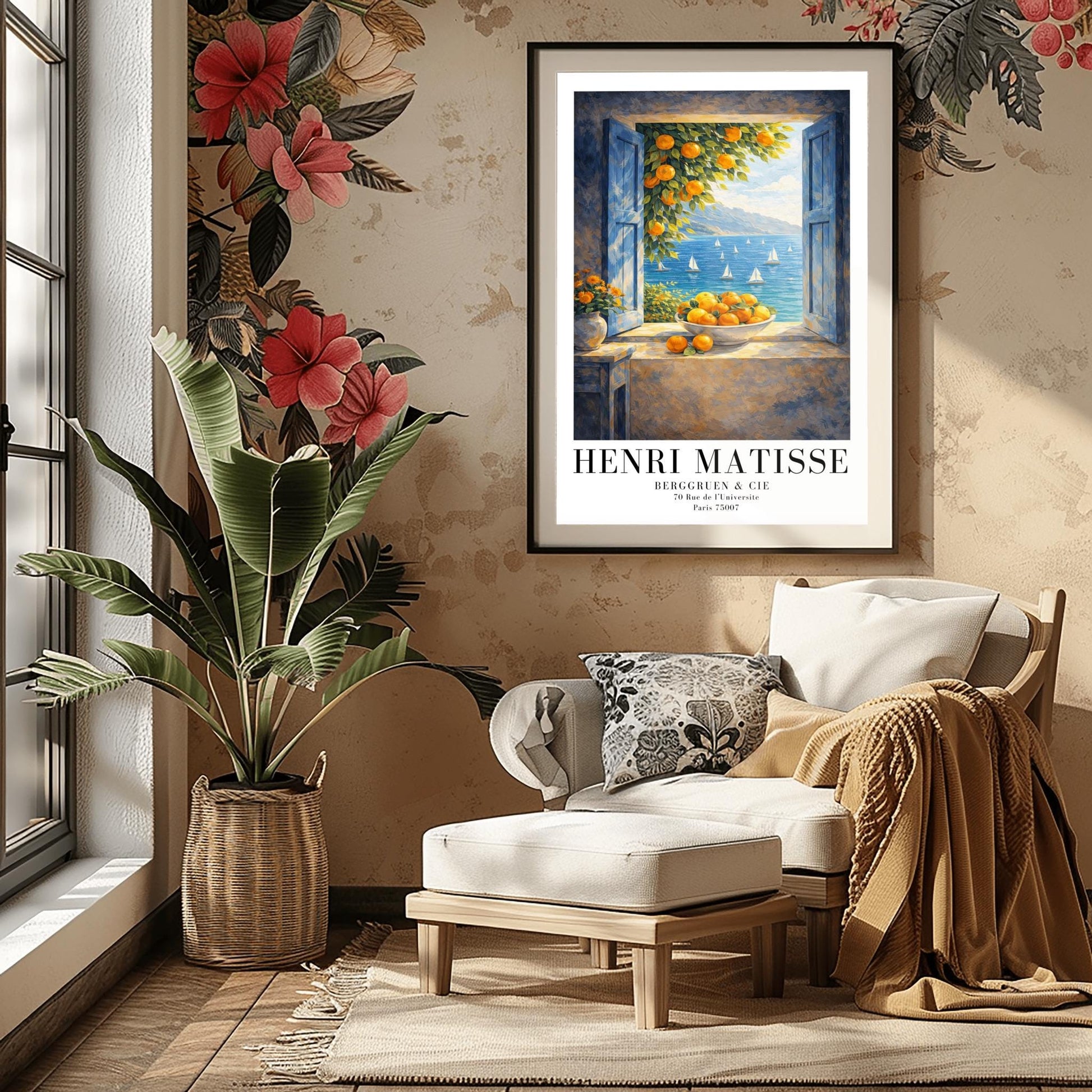 A vertical painterly illustration of an open window with blue shutters looking out at a sea with many sailboats. On the windowsill sits a large bowl overflowing with oranges. A branch with oranges hangs from the top, and a vase of yellow flowers is on a table to the left.