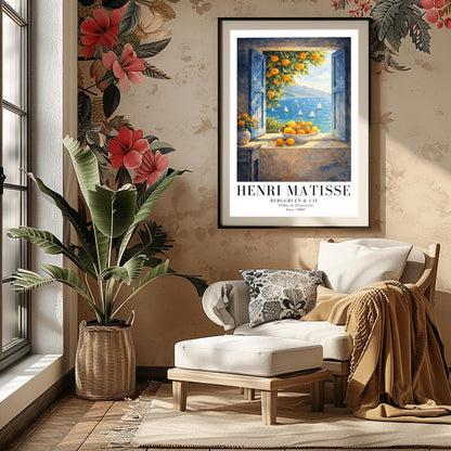 A vertical painterly illustration of an open window with blue shutters looking out at a sea with many sailboats. On the windowsill sits a large bowl overflowing with oranges. A branch with oranges hangs from the top, and a vase of yellow flowers is on a table to the left.