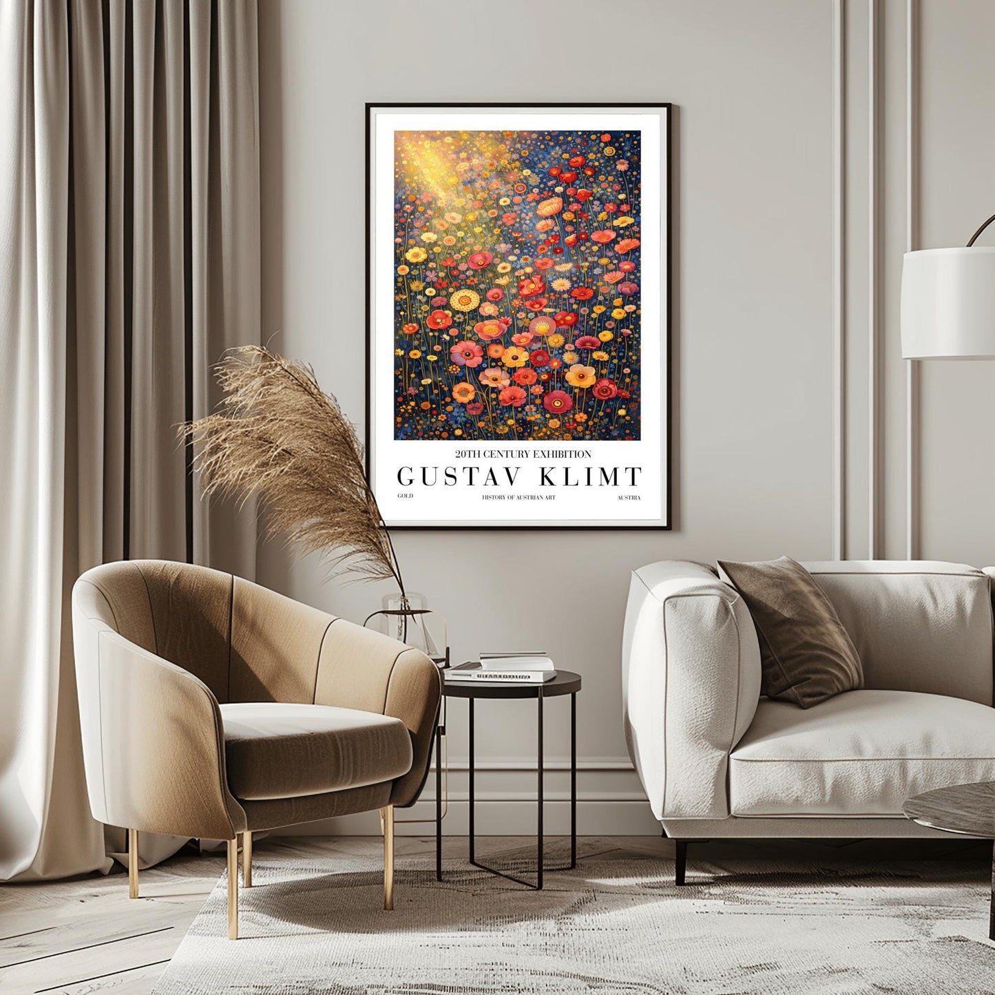 A vertical museum exhibition poster in the style of Gustav Klimt. A dense field of stylized poppies and wildflowers in coral, red, and yellow fills the frame. A bright golden sunburst glows from the top left. The background is a dark navy blue. Bold black text at the bottom reads "GUSTAV KLIMT" and "HISTORY OF AUSTRIAN ART."