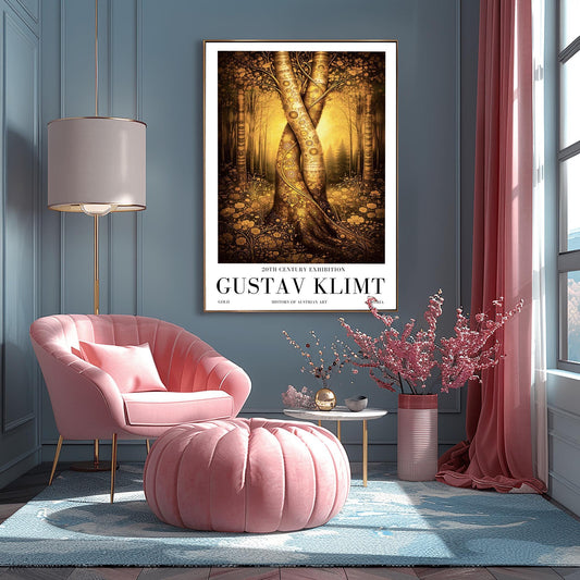 A vertical exhibition poster for Gustav Klimt. Two large tree trunks with golden mosaic patterns are entwined and twisted together in the center of a sunlit forest. The background is a soft amber glow, and the foreground features detailed golden flowers. White border with black text at the bottom.