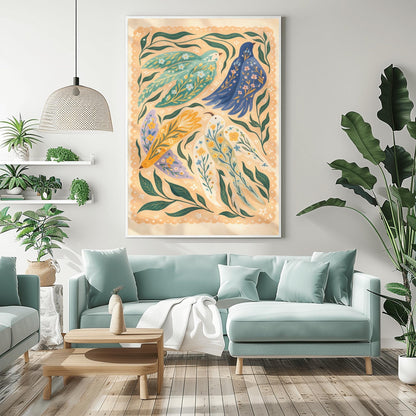 A vertical folk-art style illustration of three stylized birds perched on a dark brown branch. The birds have different colored bodies in teal, orange, and light blue, decorated with white circles and stripes. They are surrounded by swirling blue vines, orange flowers with geometric centers, and small green and yellow leaves. The background is a textured off-white, and the entire image has a rhythmic, handcrafted feel.